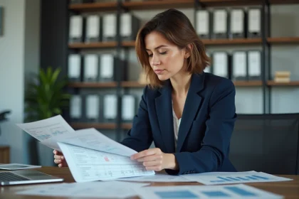 Femme cadre intermédiaire analysant des rapports statistiques INSEE dans un bureau professionnel moderne