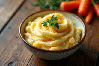 Bol de purée de pommes de terre et carottes colorée