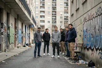 Groupe de jeunes adultes dans une rue d'un quartier urbain défavorisé en France, immeubles HLM en arrière-plan