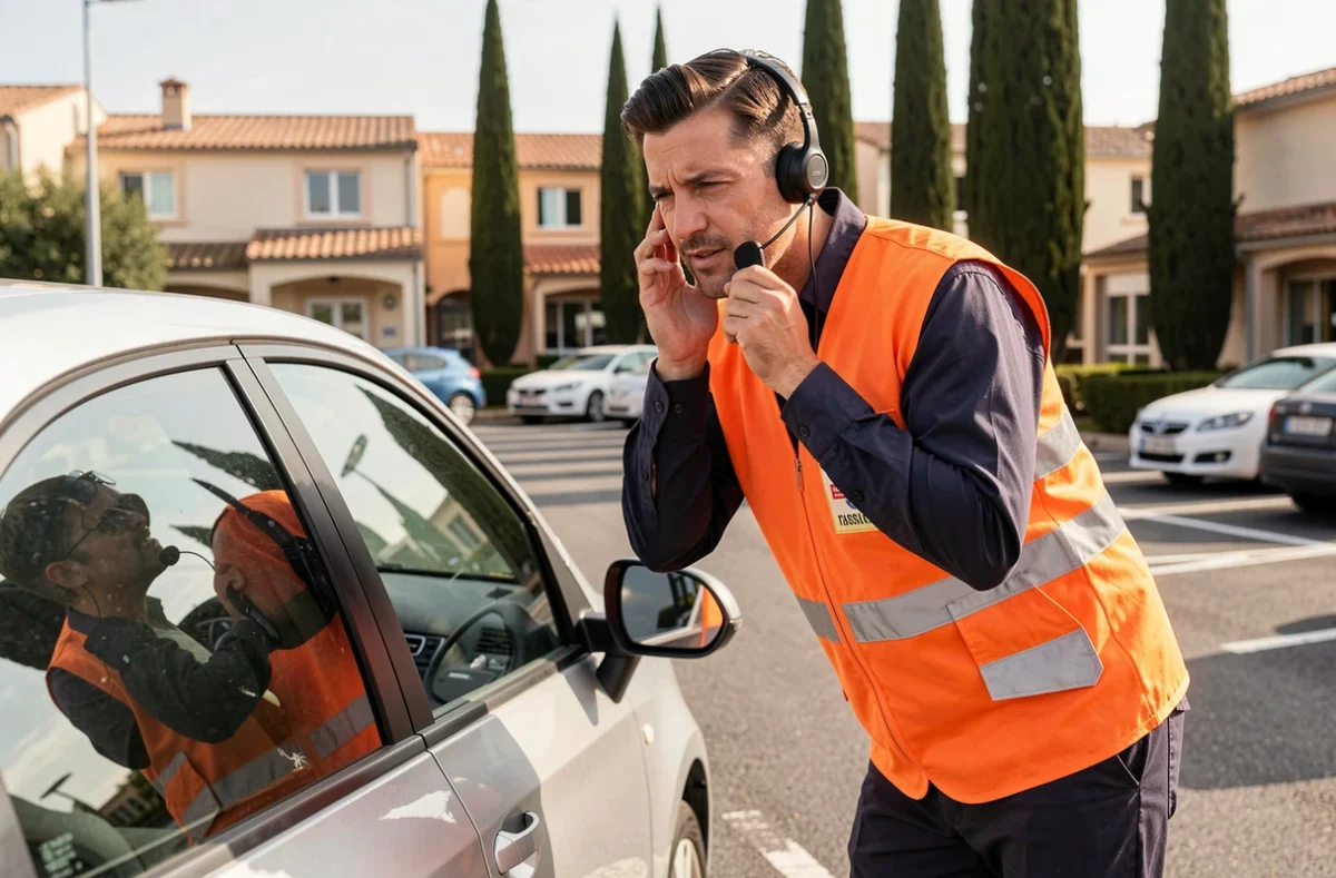 Serrurier urgentiste Racer Assistance intervenant sur un véhicule verrouillé dans un parking du Gard
