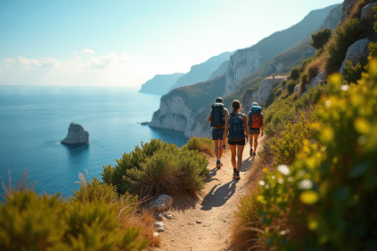 Groupe de randonneurs sur un sentier côtier en Méditerranée