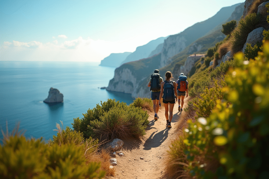 Groupe de randonneurs sur un sentier côtier en Méditerranée