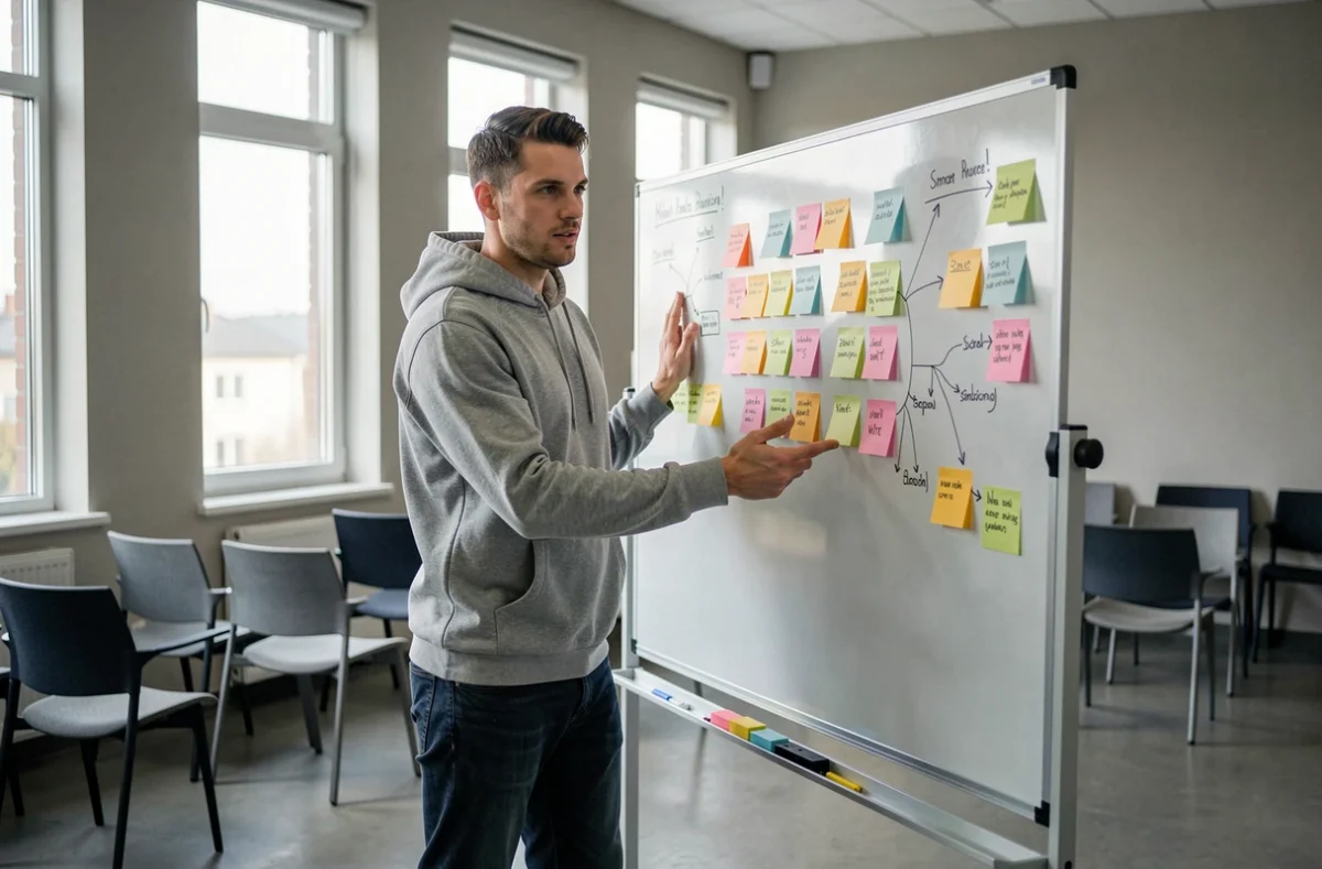 Homme en reconversion professionnelle présentant un plan de carrière sur un tableau blanc dans un centre de formation