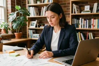 Jeune femme en reconversion professionnelle travaillant sur son portfolio dans un espace de coworking moderne