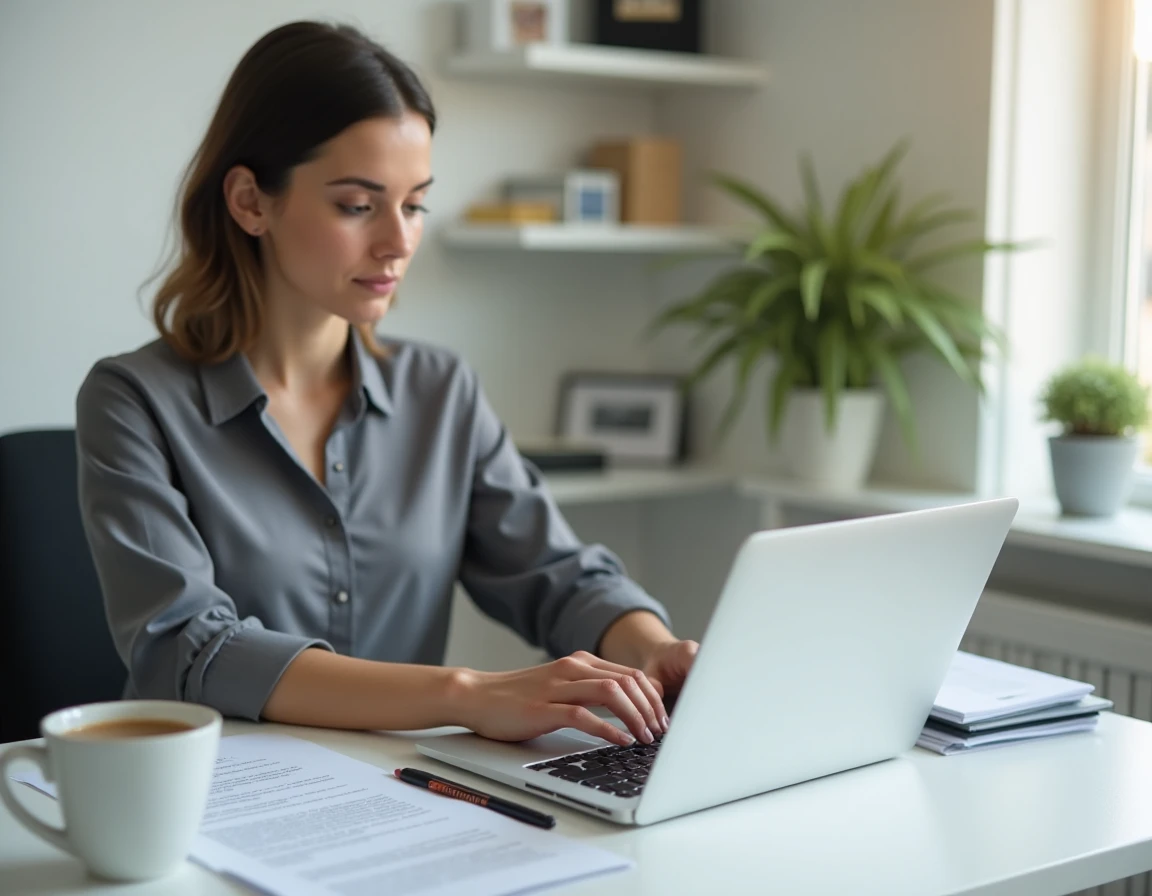 Jeune femme rédigeant une lettre administrative formelle au préfet sur ordinateur avec brouillon annoté