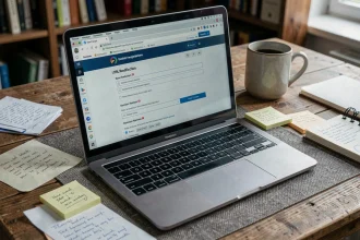 Écran d'ordinateur affichant une interface de gestion de noms de domaine et redirection d'URL, entouré de notes manuscrites sur un bureau de journaliste