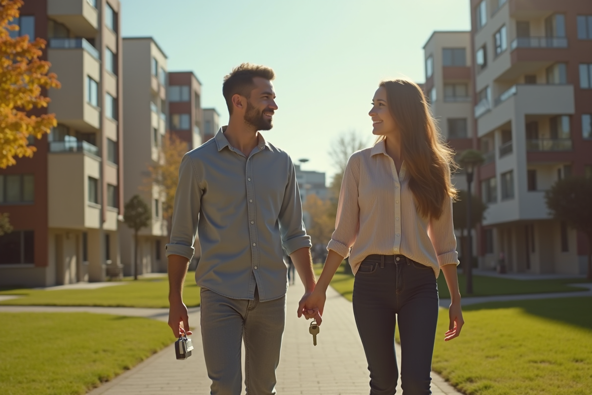 Homme et femme heureux se retrouvant dans un parc urbain avec clés