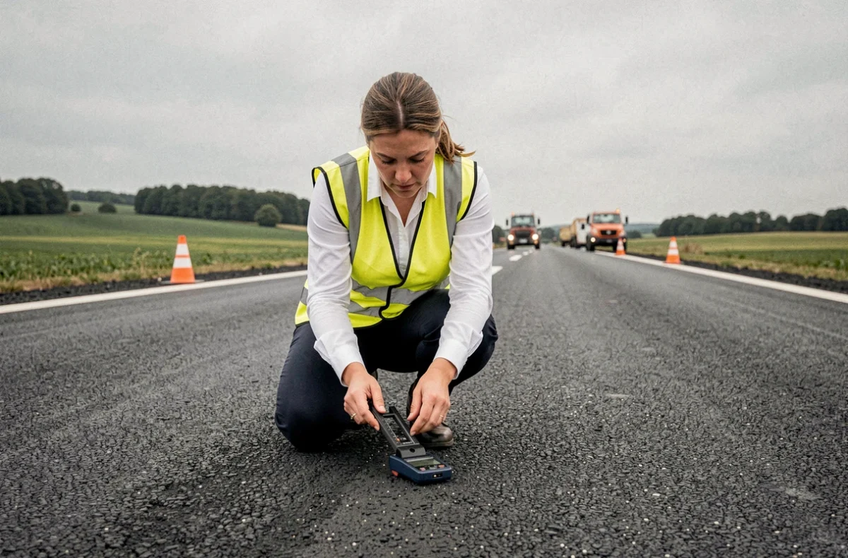 Ingénieure des travaux publics inspectant une route française rénovée lors d'un chantier d'infrastructure routière en zone rurale en 2026