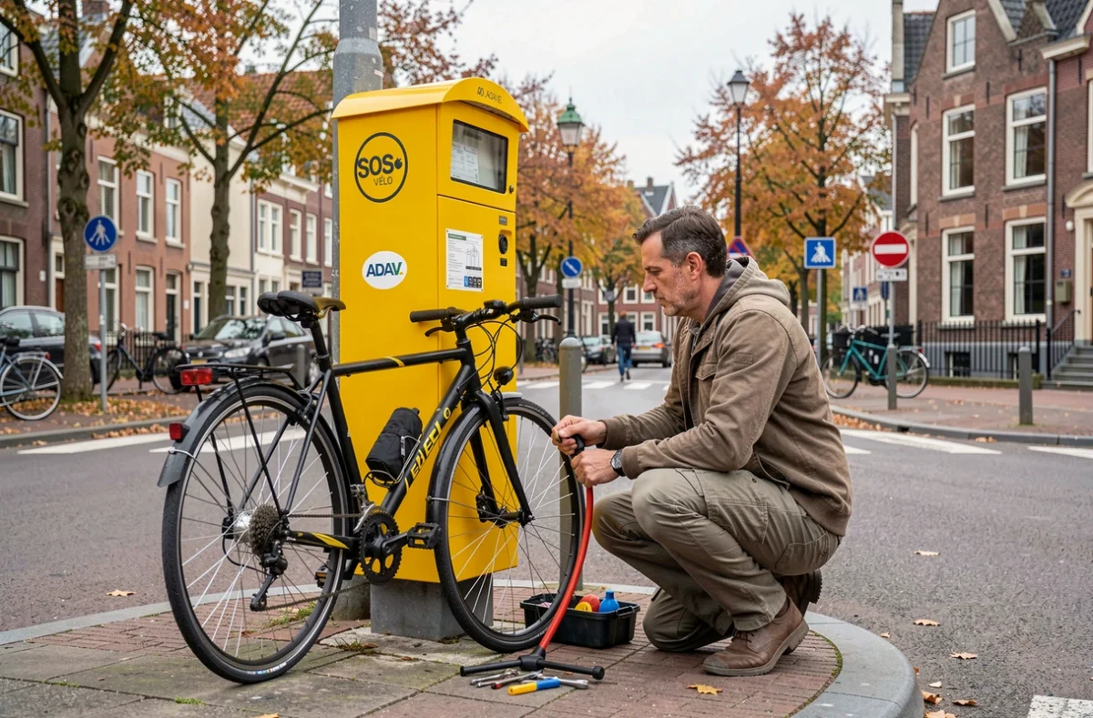 Cycliste utilisant un point SOS Vélo de l'ADAV sur une piste cyclable du Nord de la France