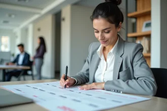 Responsable RH consultant un calendrier 2026 semaines paires et impaires imprimé sur son bureau de travail