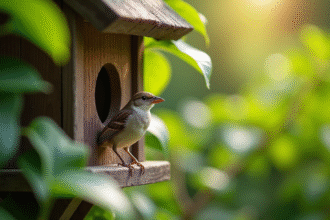 Rousserolle perchée sur une cabane dans un jardin verdoyant