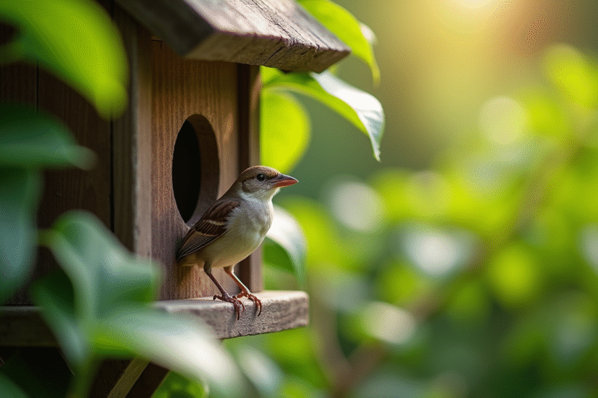 Rousserolle perchée sur une cabane dans un jardin verdoyant