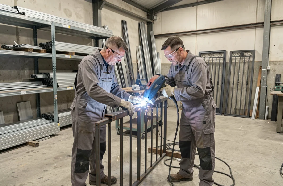 Deux artisans de SPG SARL soudant un portail en métal dans leur atelier de serrurerie et métallerie dans le Gard