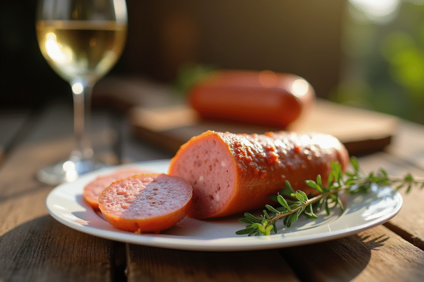 Table rustique avec boudin blanc tranché et vin blanc