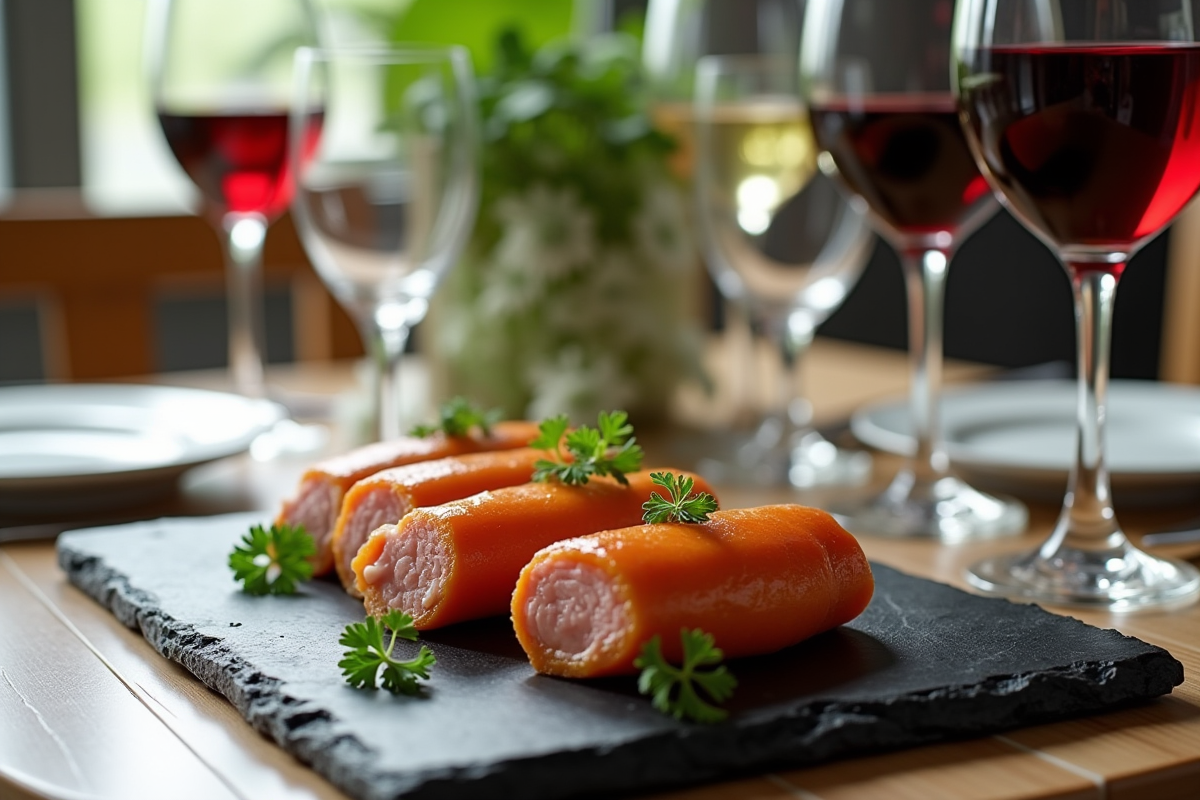 Table élégante avec boudin blanc et verres de vin rouge et blanc
