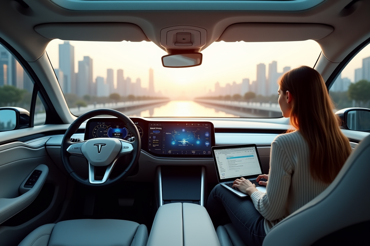 Intérieur futuriste d une voiture autonome avec femme au travail