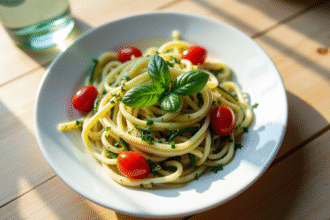 Assiette de tagliatelle de courgettes avec herbes fraîches