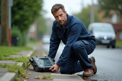 Technicien en extérieur près d'une bouche d'égout avec équipement