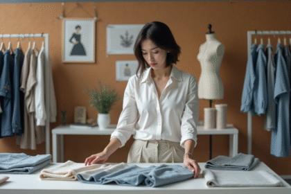 Jeune technicienne mode examinant des échantillons de tissus