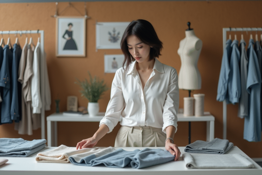 Jeune technicienne mode examinant des échantillons de tissus