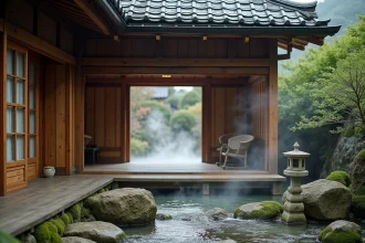 Entrée d'un bain thermal japonais traditionnel avec vapeur et architecture en bois