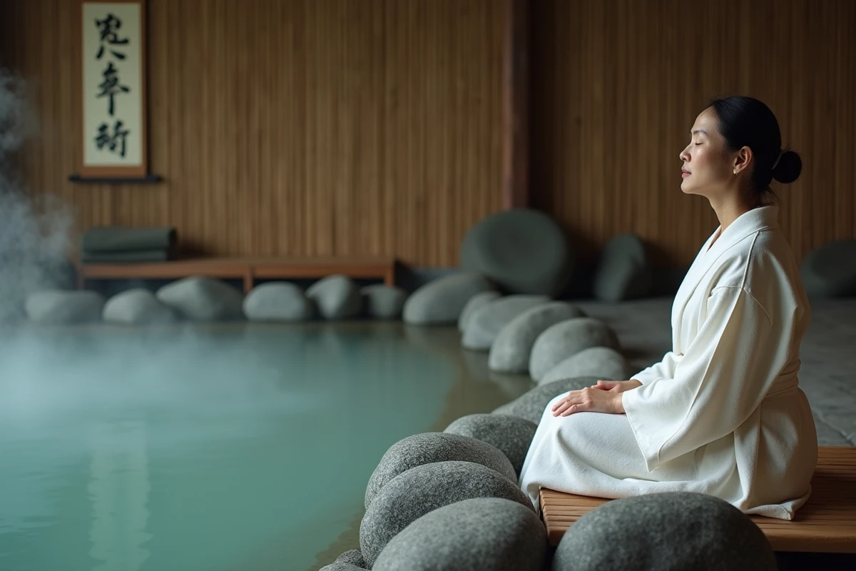 Femme en yukata se relaxant près d'un bain thermal intérieur japonais