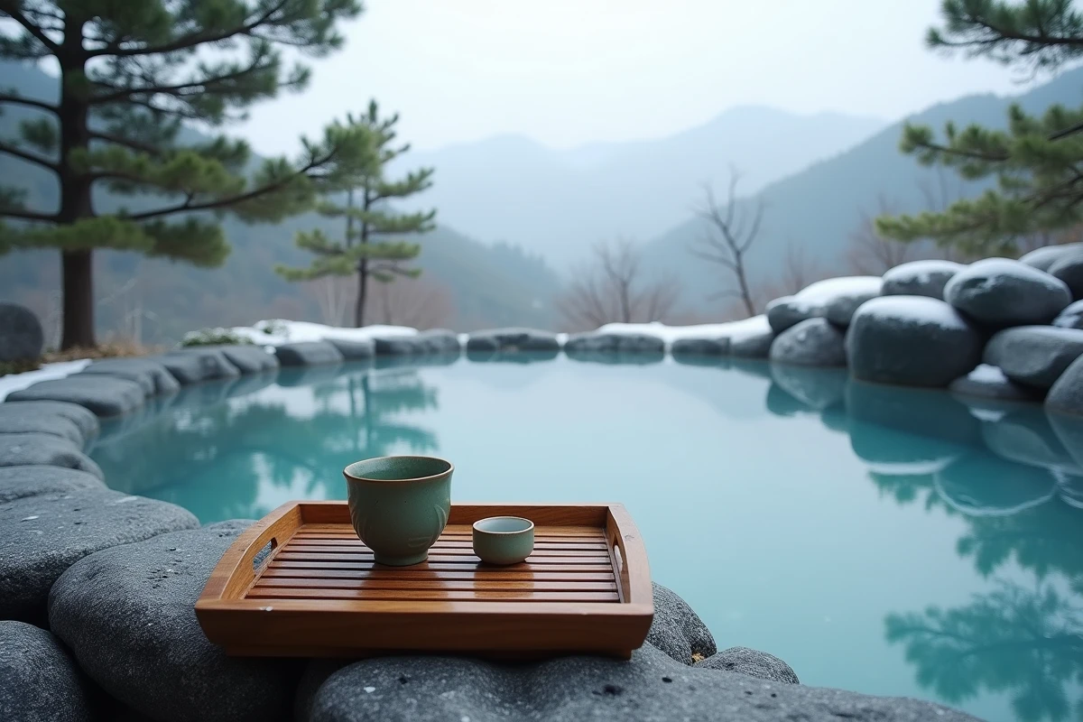 Bain thermal japonais en plein air sous la neige avec thé vert et montagnes