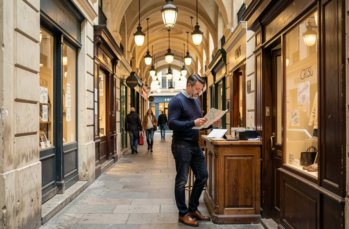 Touriste consultant une carte dans un passage couvert parisien typique avec boutiques et décor d'époque
