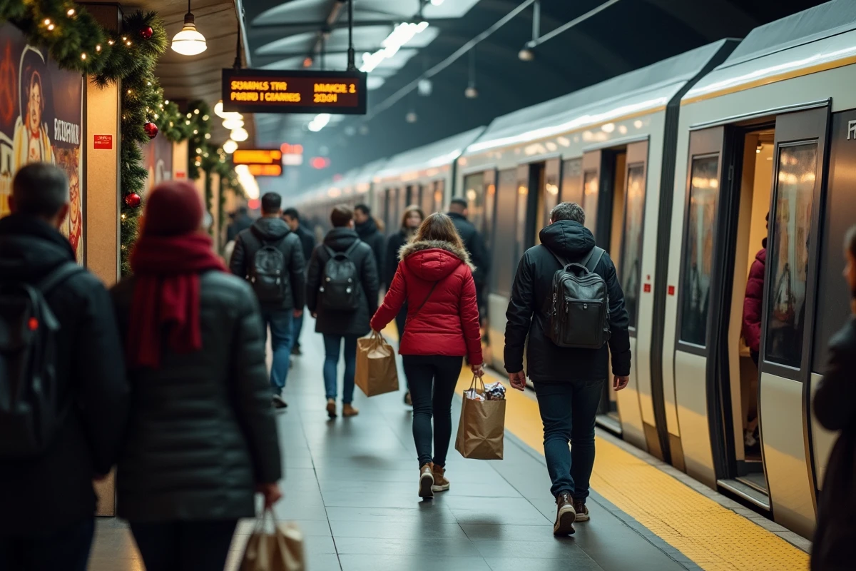 Quai de tramway ou métro à Lyon bondé de visiteurs du marché de Noël avec sacs de courses et tableau des départs