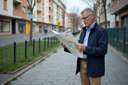 Urbaniste examinant une carte de zonage dans une rue française