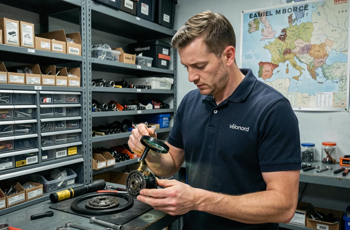 Mécanicien de Vélonord inspectant un moyeu de vélo dans l'atelier de service régional