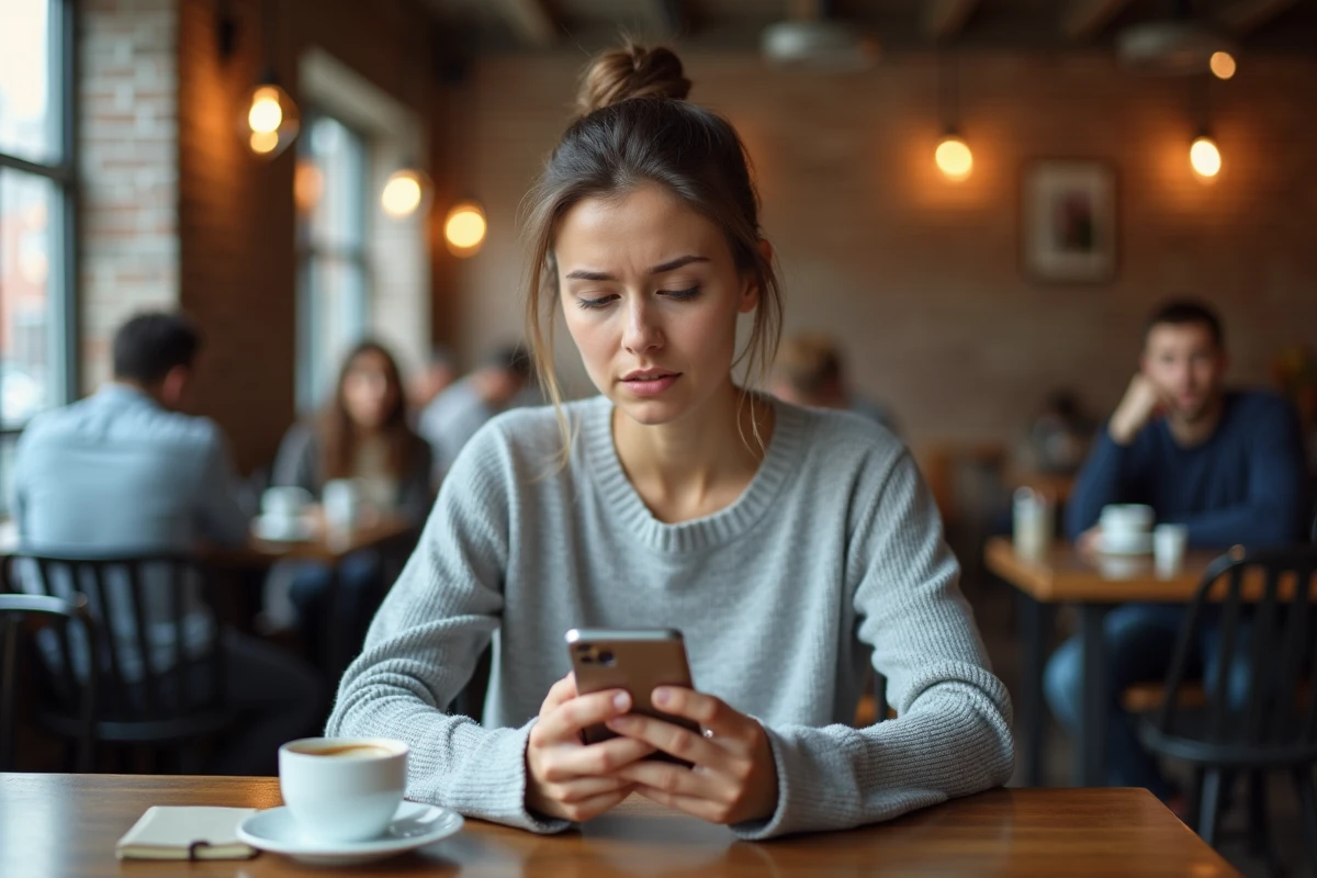Femme vérifiant l'authenticité d'une adresse de site web sur son smartphone dans un café