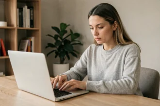 Femme vérifiant une information sur un site de fact-checking avant de prendre une décision, assise à son bureau avec un ordinateur portable