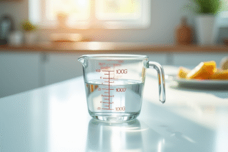 Verre mesureur rempli d'eau sur plan de cuisine lumineux