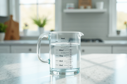 Verre mesureur d'eau sur plan de cuisine lumineux