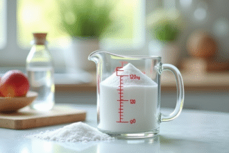 Verre mesureur avec 120g de sucre sur un plan de cuisine