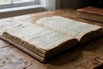 Vieux registre paroissial ouvert sur une table en bois