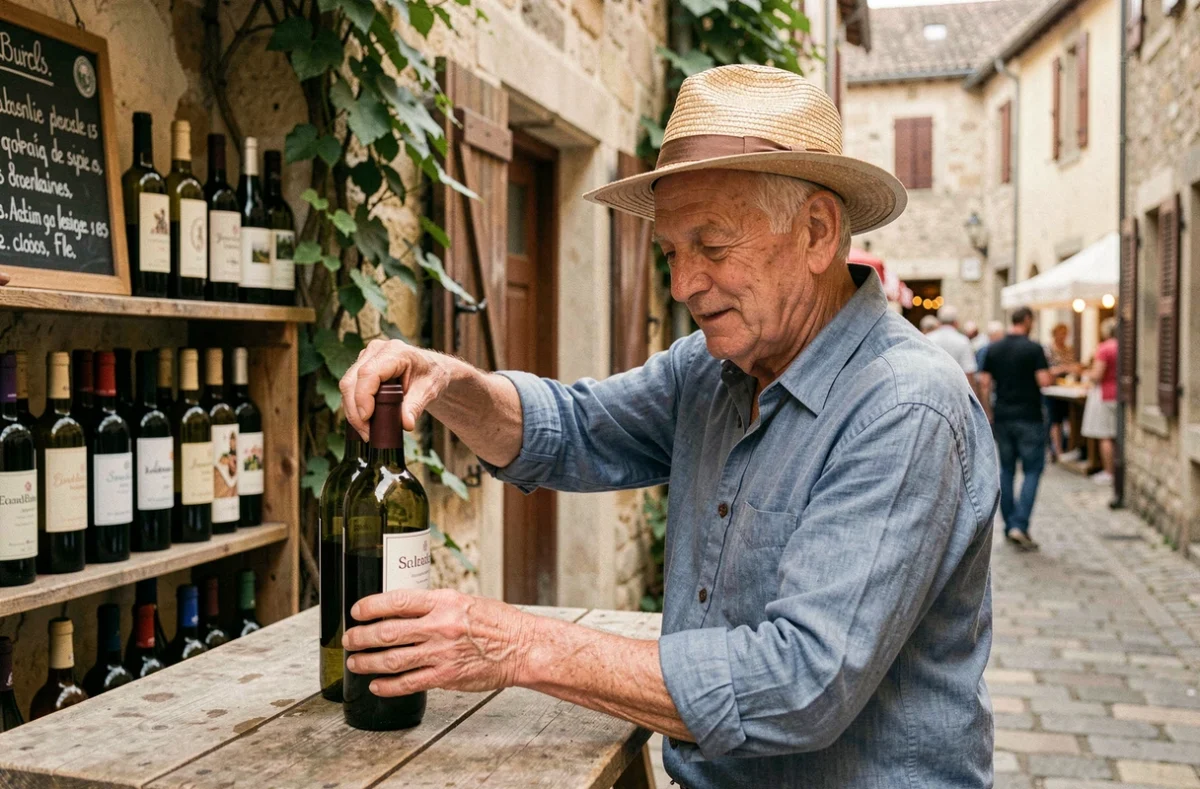 Homme âgé servant du vin artisanal à une fête de village authentique dans une ruelle médiévale française