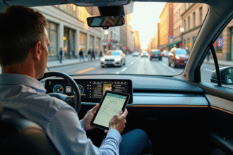 Voiture autonome moderne dans la ville avec homme lisant