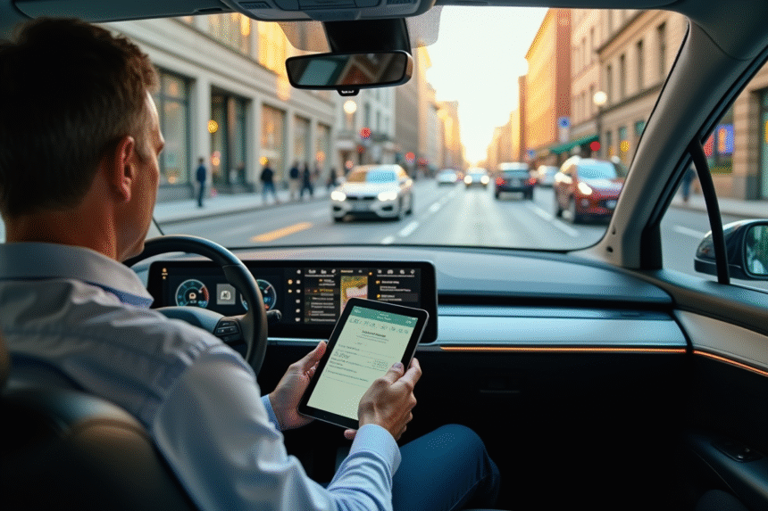 Voiture autonome moderne dans la ville avec homme lisant